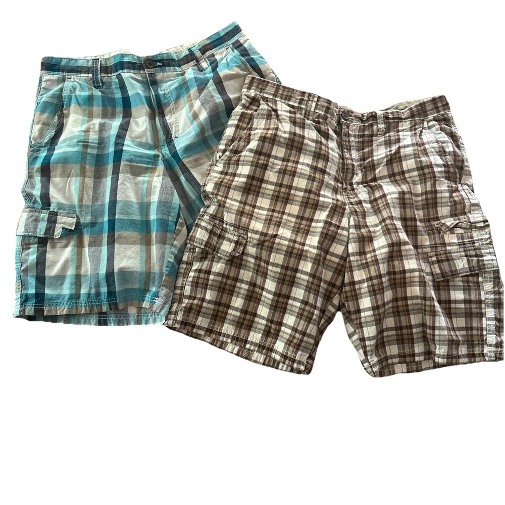 Men's Vintage Route 66‎ Size 36 Bundle of 2 Pairs Plaid Cargo Shorts 100% Cotton